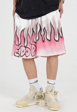 Flame graffiti sports shorts fire print overalls pastel pink