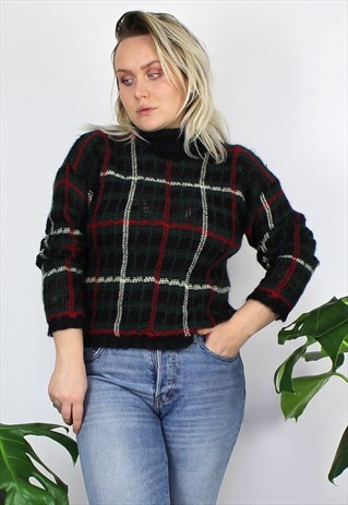 VINTAGE 1980'S MOHAIR TARTAN GREEN RED BLACK JUMPER 10 12
