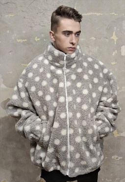Polka dot fleece Bomber handmade Retro spot jacket in grey