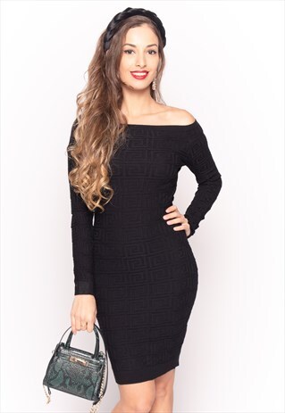 CLASSIC SQUARE CHECK SOFT KNIT OFF SHOULDER SHORT DRESS