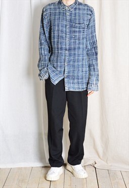 Y2K Blue Check Grunge Long Sleeve Mens Shirt