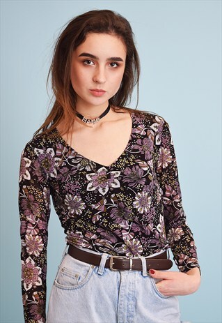 90'S RETRO FLORAL PRINT KITSCH TEEN PARTY TOP BLOUSE