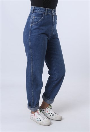 HIGH WAISTED DENIM JEANS TAPERED LEG VINTAGE UK 8 -10 (E95C)