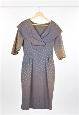 50's Vintage Evening Brocade Blue Gold Shawl Collar Dress