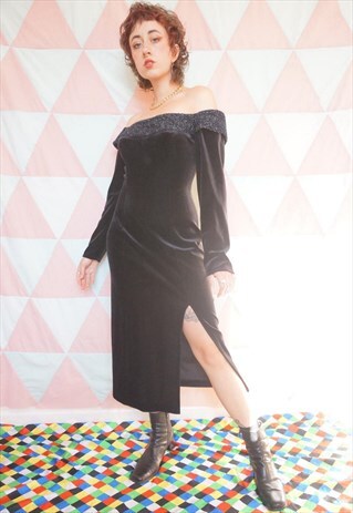 VINTAGE 80S BLACK VELVET BARDOT SHOULDER EVENING DRESS