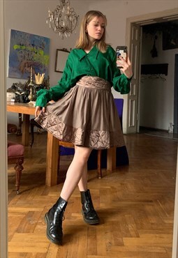 Vintage High Waisted Beige Silky Flared Midi Skirt