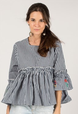 Flared Sleeve Top with Floral Embroidery in Navy Blue Check