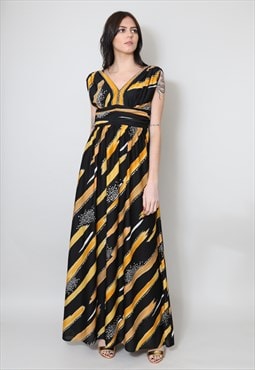 70's Vintage Dress Black Yellow Stripe Sleeveless Maxi Dress