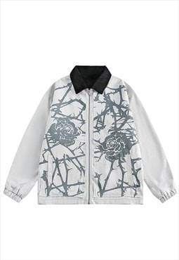Floral denim jacket rose print distressed jean varsity white