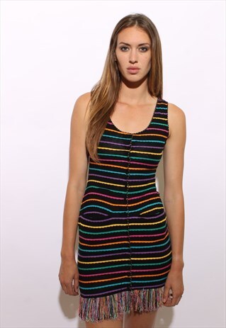 VINTAGE 80S RAINBOW STRIPE BLACK MINI DRESS BODY CON XS-S