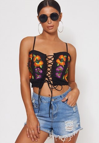 BLACK EMBROIDERED LACE UP TOP