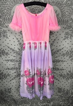 70's Vintage Ladies Floral Pink Purple Feather Trim Dress