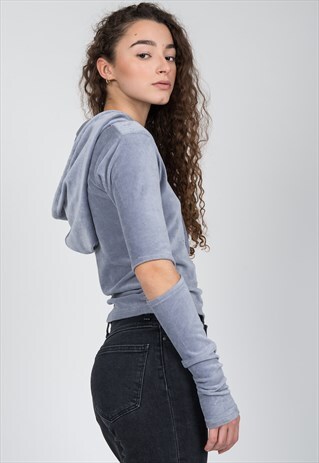 LONG SLEEVED HOODED T-SHIRT IN GREYISH BLUE CORDUROY