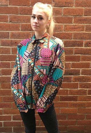 VINTAGE SILK BOMBER JACKET RETRO PATCHWORK AZTEC COAT
