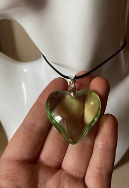 green glass puff heart pendant wax cord necklace