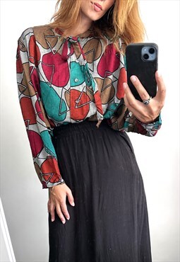 Retro Colorful Abstract Long Blouse / Shirt - Large