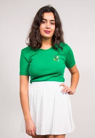VINTAGE 70'S GREEN EMBROIDERED CUTE FLOWER KNIT TOP