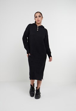 Longline Hooded Jumper Dress In Black