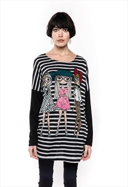 Oversized Long Sleeve Top with Illustrated Girls and Stripe 