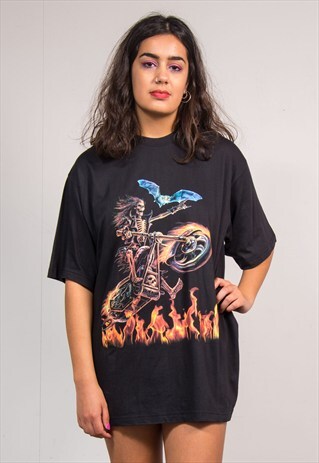 VINTAGE 90'S BLACK HELL RIDER MOTORCYCLE BIKER T-SHIRT