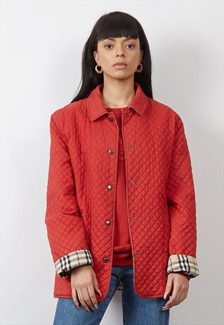 RARE VINTAGE 90'S BURBERRY RED QUILTED TARTAN LINED JACKET