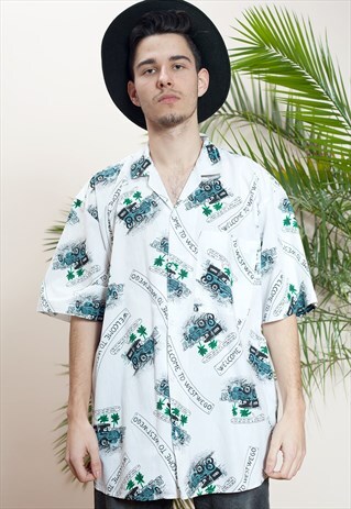 MENS VINTAGE SHORT SLEEVE, ABSTRACT PRINT, BUTTON UP SHIRT