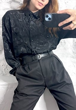 Retro Satin Black Gothic Blouse / Shirt - Large 