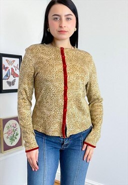 Vintage 90s leopard print cardigan with velvet trim