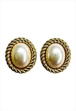 Christian Dior Earrings Studs Pearl Gold Twist Vintage 