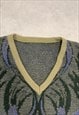 VINTAGE KNITTED JUMPER ABSTRACT PATTERNED GRANDAD SWEATER