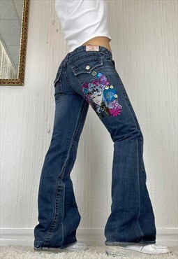 true religion flared blue jeans with embroidered pattern