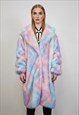 TIE-DYE COAT FAUX FUR PASTEL PINK SHAGGY TRENCH OVERCOAT 