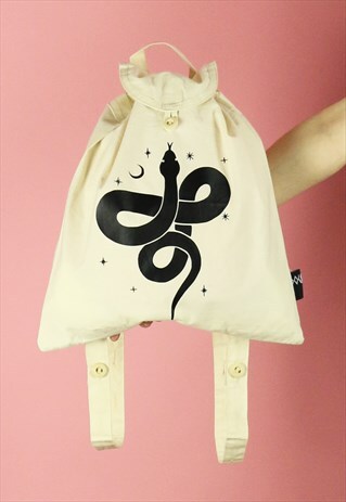 COILED SNAKE MOON PRINT CANVAS BACKPACK - BLACK ON NATURAL