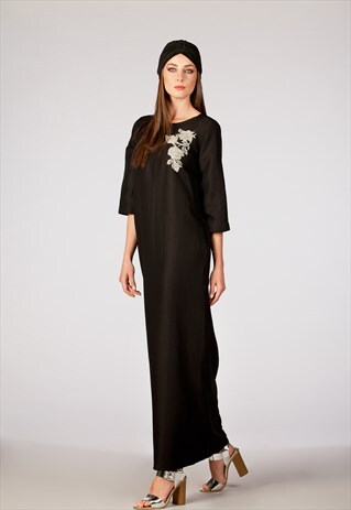 HANDMADE EMBROIDERED BLACK LINEN MAXI DRESS/ ELEGANT DRESS