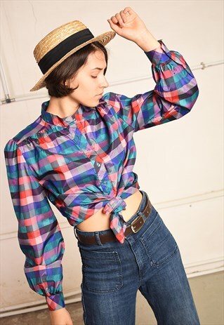 70'S RETRO CHECKED FESTIVAL PARIS CHIC TUNIC BLOUSE TOP