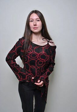 Y2k transparent blouse, black tie mesh top - MEDIUM 