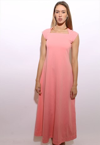 VINTAGE 60S BUBBLEGUM PINK MAXI DRESS PASTEL GOWN S M