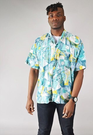 VINTAGE PATTERNED SHORT SLEEVED SUMMER SHIRT TEAL BLUE