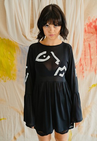 BLACK SHEER BELL SLEEVE ABSTRACT FACE DRESS