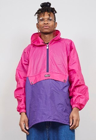 VINTAGE 80'S K-WAY PINK / PURPLE PULLOVER SHELL SPORTS JACKE