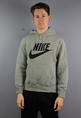VINTAGE NIKE HOODIE IN GREY WITH EMBROIDERED SPELL OUT. SIZE
