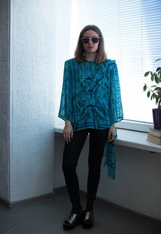 VINTAGE 80'S BLUE/GREEN PATTERNED RUFFLE BLOUSE