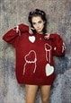 HEART SWEATER KNITTED GRUNGE JUMPER FLEECE PATCH TOP IN RED