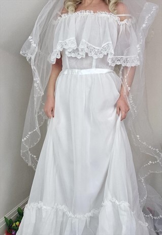 VINTAGE 1970S WHITE PRAIRIE OFF THE SHOULDER WEDDING DRESS