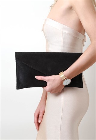 BLACK SUEDE ENVELOPE CLUTCH BAG