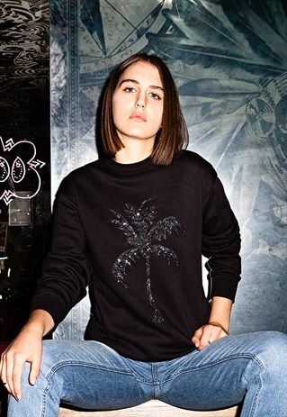 UNISEX JUMPER IN BLACK WITH SEQUIN PALM TREE MOTIF IN BLACK