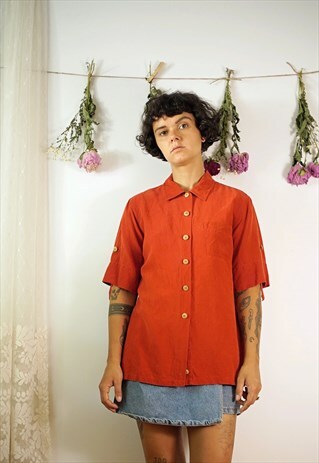 LINEN & SILK ORANGE SHORT SLEEVES WOOD BUTTONS SHIRT