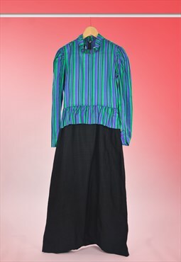 80s Vintage Grunge Green Purple Black Stripe Peplum Dress