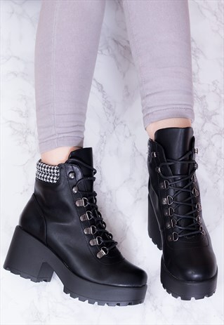 MAGPIE LACE UP BLOCK HEEL ANKLE BOOTS - BLACK LEATHER STYLE