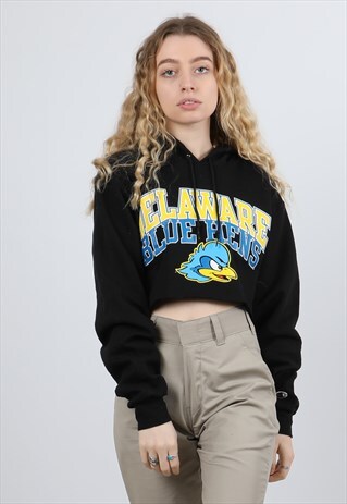 VINTAGE CHAMPION SMALL BLACK PRINTED COLLEGE CROPPED HOODIE